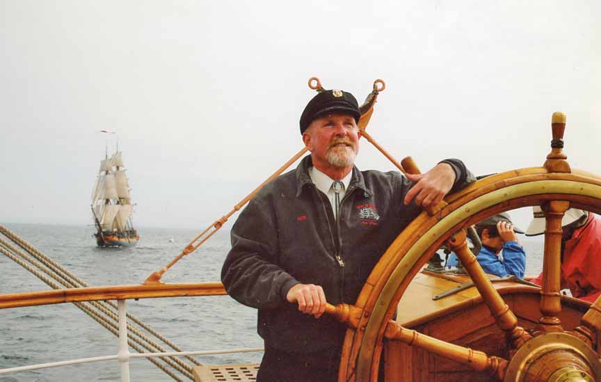 At sea aboard Star of India, where Captain Goben always felt most comfortable. Here he's sailing in company with the movie ship, HMS Surprise.